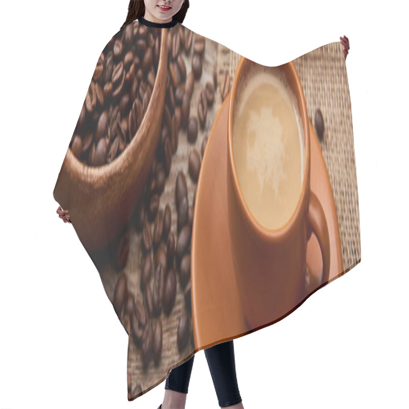 Personality  Panoramic Shot Of Coffee Beans In Bowl Near Cup Of Coffee On Wooden Background Hair Cutting Cape