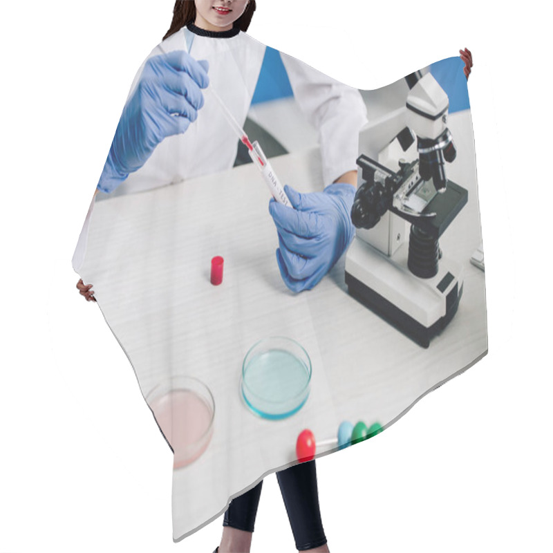 Personality  Cropped View Of Genetic Consultant Doing Dna Test In Lab  Hair Cutting Cape