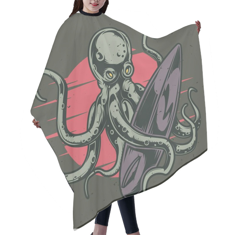 Personality  Surfing Theme T-shirt Or Poster Design With Octopus And Surfing Board Hair Cutting Cape