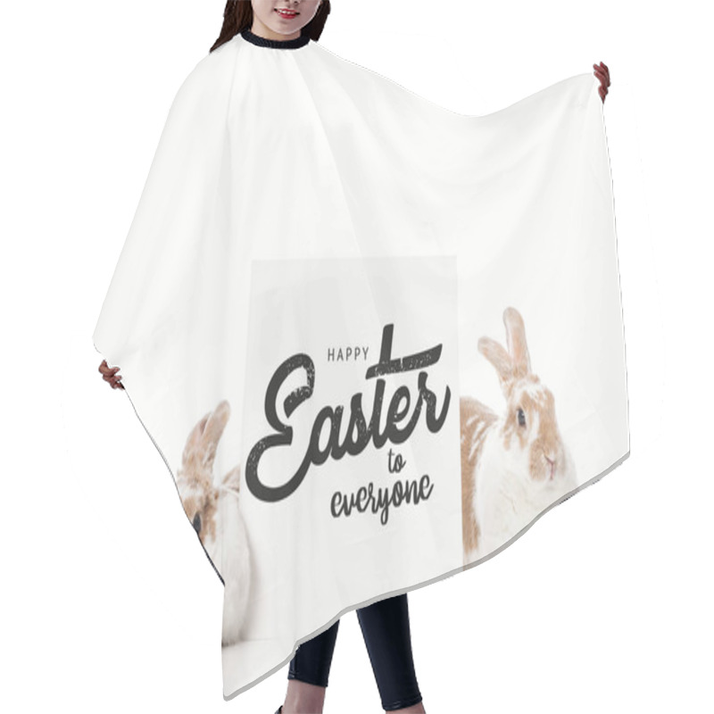 Personality  Cute Bunnies Near Board With Black Happy Easter To Everyone Lettering Isolated On White Hair Cutting Cape