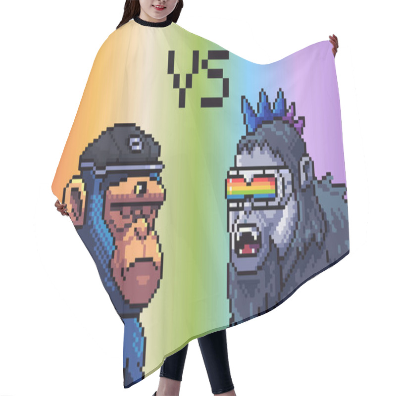 Personality  Galactic Apes Pixel Art NFT Character. 16 Bit Gorilla On Rainbow Background. Vibrant Colorful Animal Fighting Game Asset. Portrait Avatar Flat Illustration Hair Cutting Cape