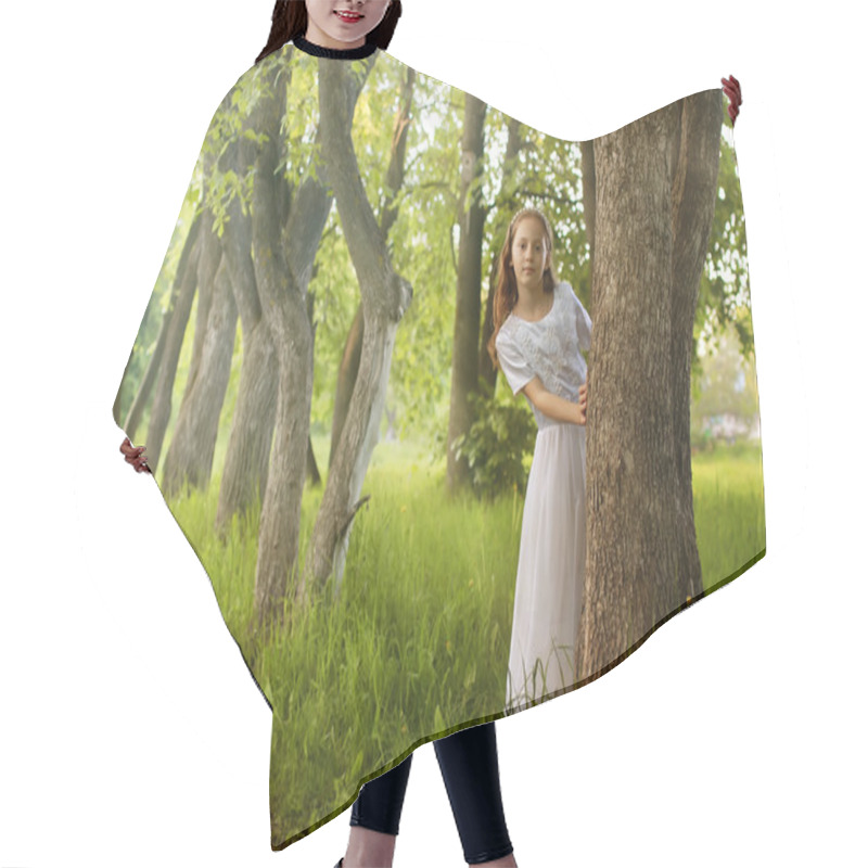 Personality  Girl In Fairy Tale Park With Tree In Spring Hair Cutting Cape