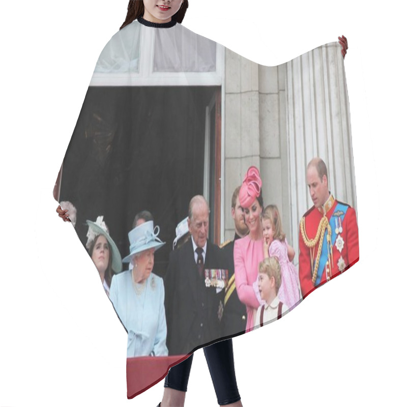 Personality  Queen Elizabeth & Prince Philip , Buckingham Palace, London June 2017- Trooping The Colour Prince George William, Harry, Kate & Charlotte Balcony For Queen Elizabeth's Birthday Stock, Photo, Photograph, Image, Picture, Press,  Hair Cutting Cape