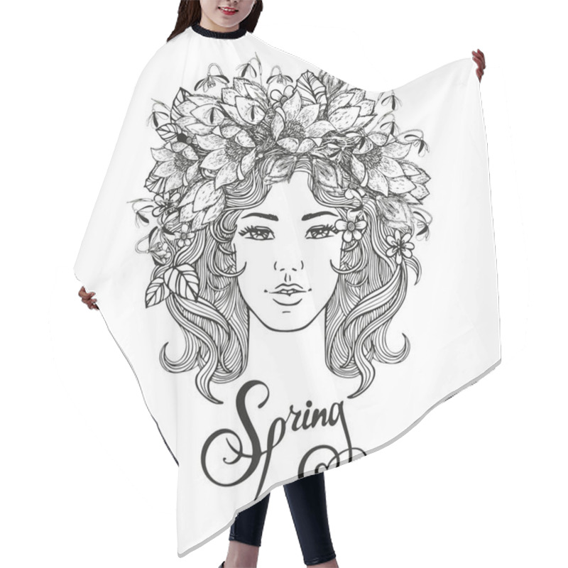 Personality  Black And White Girl Decorative Hairstyle With Flowers, Leaves In Hair In Doodle Style. Nature, Ornate, Floral Illustration And Hand Sketched Lettering Hallo Summer. Zentangle Hand Drawn Coloring Book Hair Cutting Cape