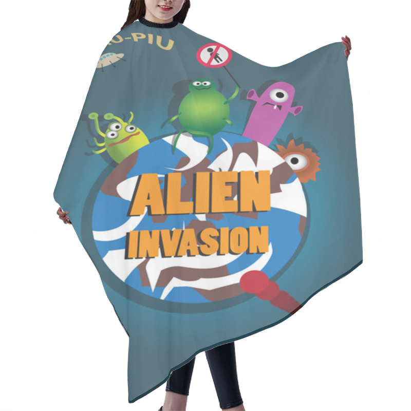 Personality  Alien Invasion. Retro Style Vector Poster. Hair Cutting Cape