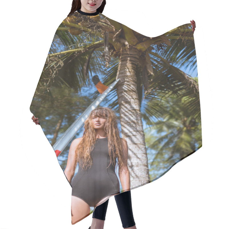 Personality  Attractive Young Woman With Long Hair Posing Near Palm Tree With Surfboard   Hair Cutting Cape