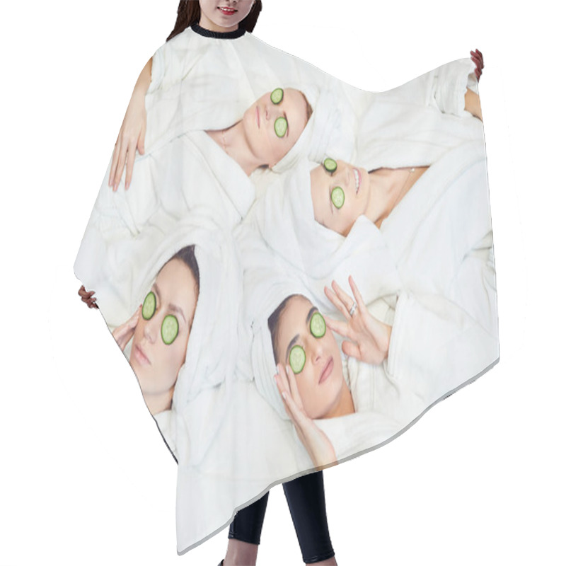 Personality  Chilling Women In Bathrobes With Cucumber Slices On Face Hair Cutting Cape