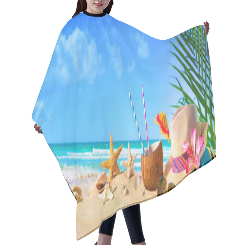 Personality  Straw Hat And Sunglasses On Beach. Summer Holidays Concept Hair Cutting Cape