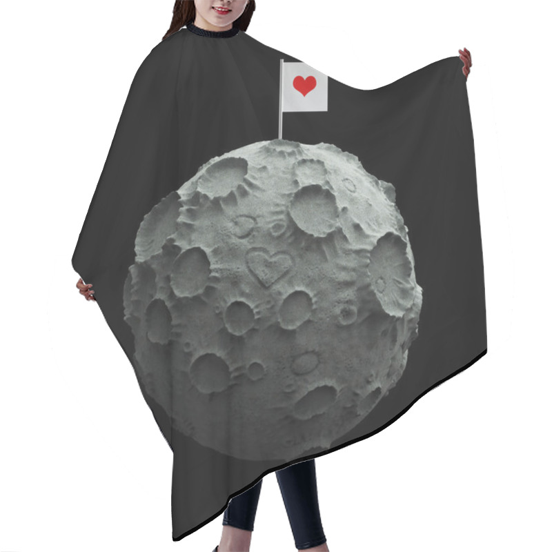 Personality  Moon with craters heart scratched surface and blank flag on top. High quality rendering. Isolated. hair cutting cape