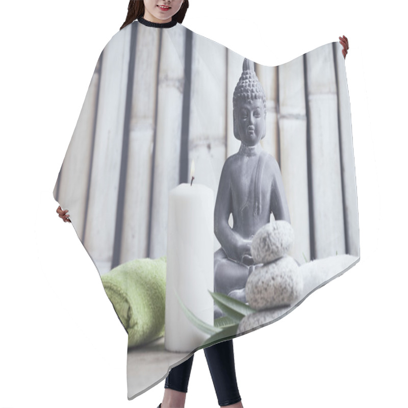 Personality  Wellness And Spa Concept With Buddha Figure Hair Cutting Cape