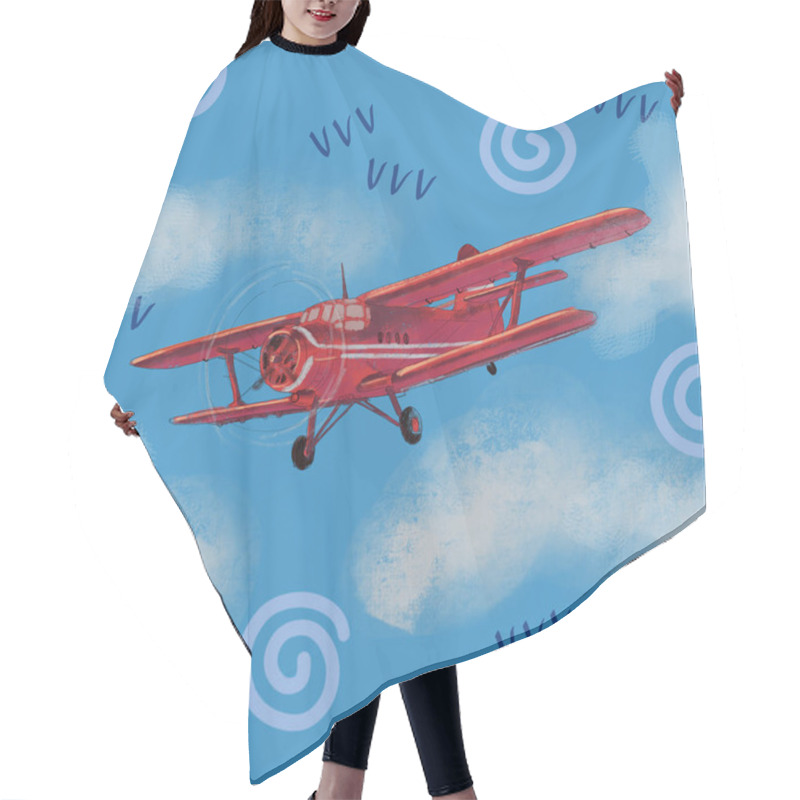 Personality  Watercolor Red Airplane On Blue Sky Illustration With Computer Processing Seamless Pattern. View Of A Flying Plane. Hair Cutting Cape