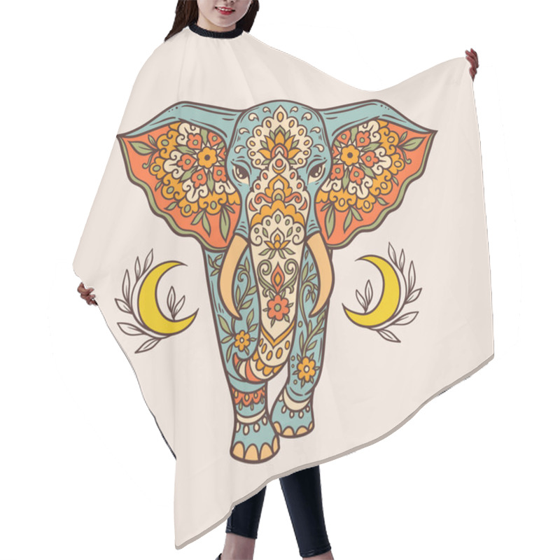 Personality  Elephant Moon Retro. Vector Illustration. Flower Ethnic Drawing. Elephante Animal Nature In Zen Boho Style. Coloring Hippie, Eastern Style Hair Cutting Cape