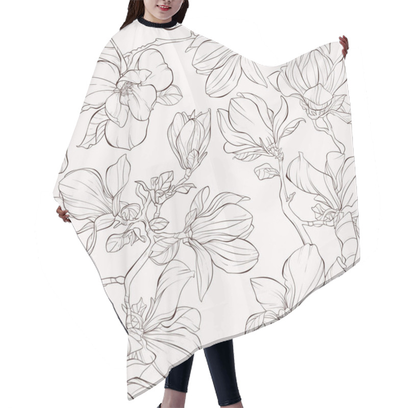 Personality  Seamless Pattern, Background With Blooming Magnolia Flowers. Hair Cutting Cape