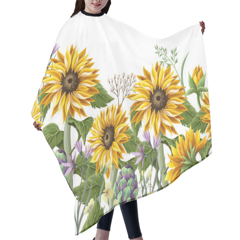 Personality  Border With Sunflowers Bouquet,.artichoke And Wild Flower. Vector Illustration. Hair Cutting Cape