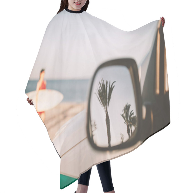 Personality  Reflection Of Palm Trees In Van Outside Mirror On The Beach Hair Cutting Cape