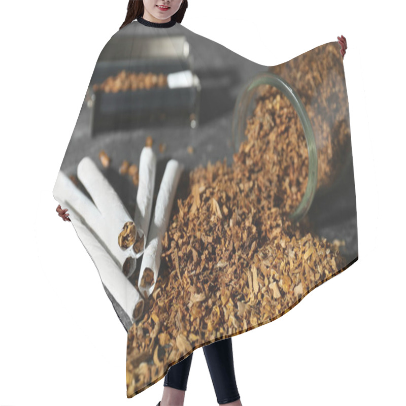 Personality  Tobacco, Hand Rolled Cigarettes And Roller On Dark Grey Table, Closeup Hair Cutting Cape