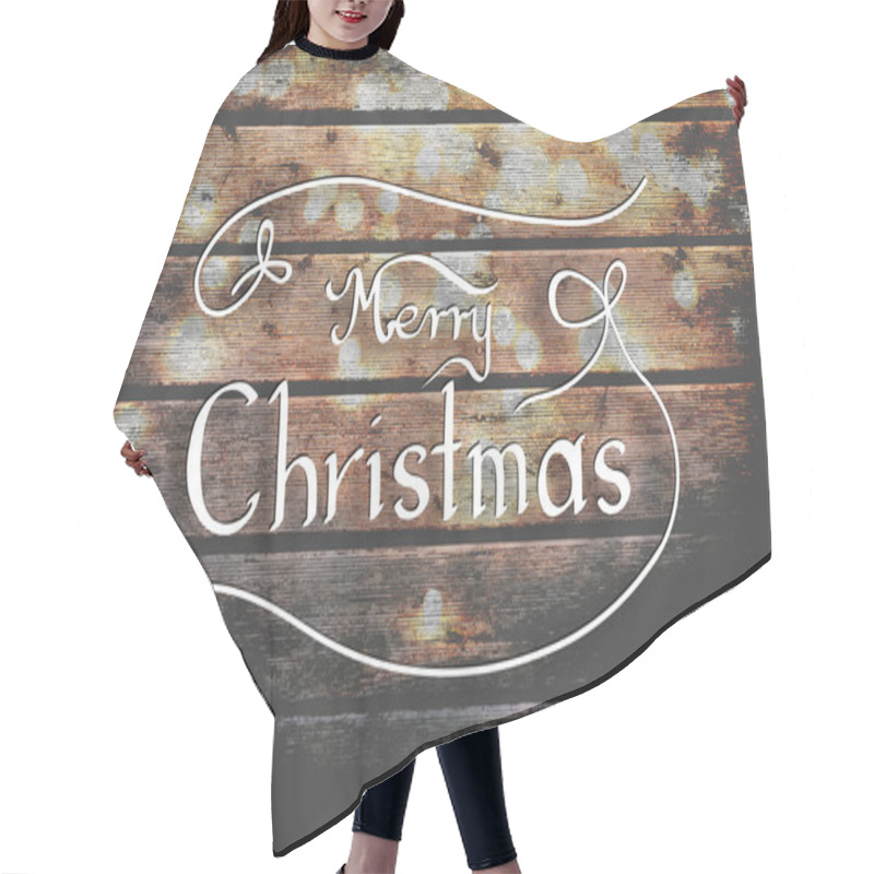 Personality  MERRY CHRISTMAS Handwriting On Wooden Background With Fairy Lights. Holiday, Christian Celebration. Hair Cutting Cape