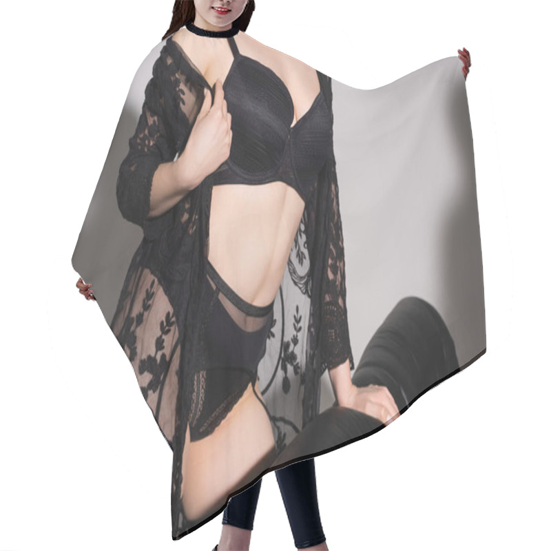 Personality  Partial View Of Hot Woman In Lace Tunic And Black Lingerie On Grey Background Hair Cutting Cape