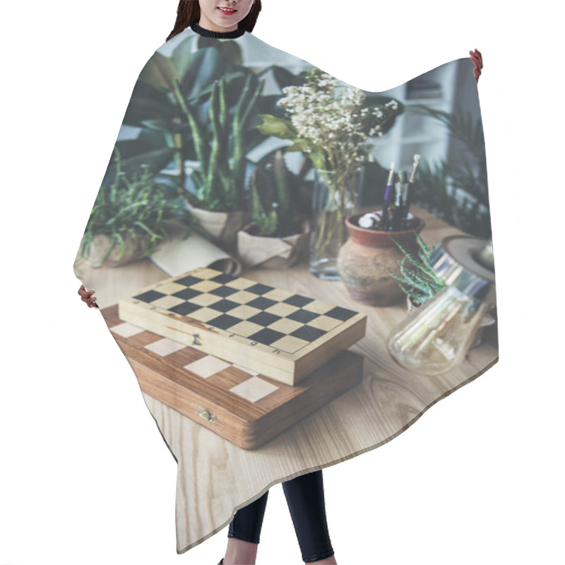 Personality  Artistic Workplace With Chess Boards  Hair Cutting Cape