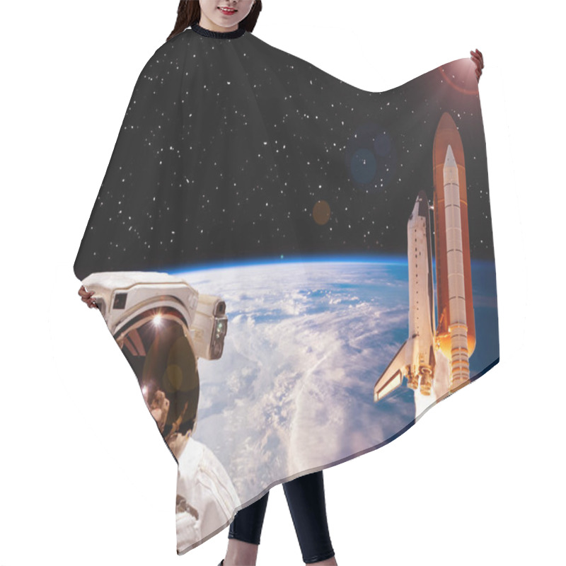 Personality  Astronaut Staring On The Rocket That Flying From Earth. The Elem Hair Cutting Cape