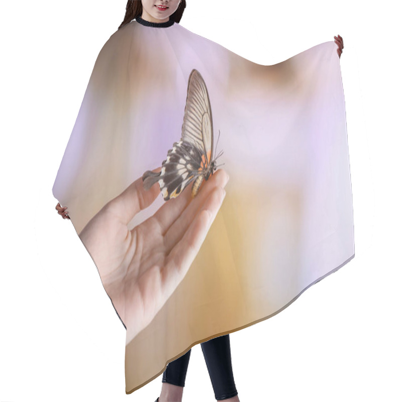 Personality  Beautiful Butterfly Sitting On Female Hand Against Blurred Background Hair Cutting Cape