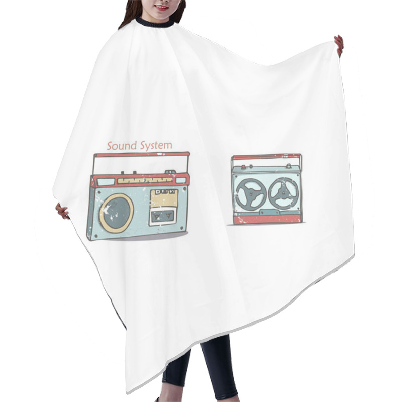 Personality  Vintage Audio Players. Music Record. Cartoon In Retro Style With Grunge Textures And Rust Effect. Hand Drawn Clip Art. Hair Cutting Cape