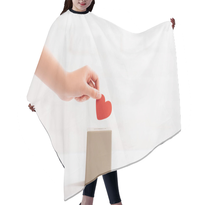 Personality  Cropped View Of Female Hand Putting Red Heart In Box On White Background, Donation Concept Hair Cutting Cape