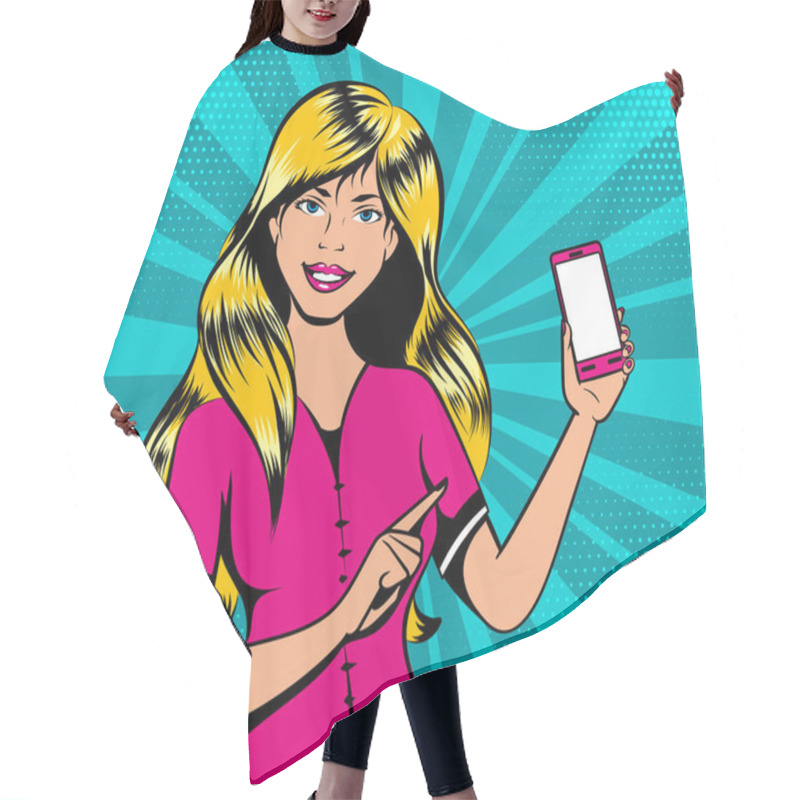 Personality  Blond Girl With Smart Phone In Pop Art Retro Comic Book Style, Vector Illustration Hair Cutting Cape