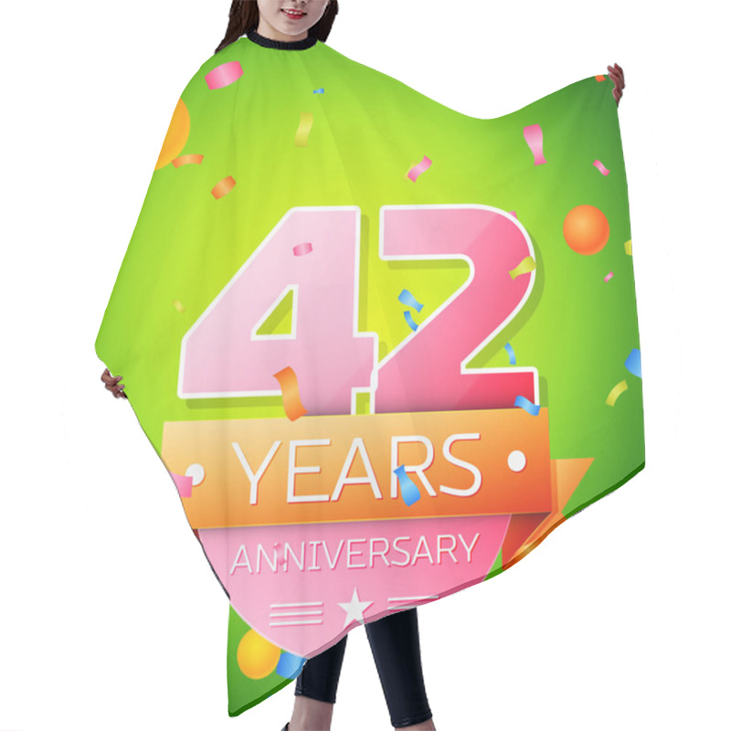 Personality  Realistic Forty Two Years Anniversary Celebration Design. Pink Numbers And Golden Ribbon, Confetti On Green Background. Colorful Vector Template Elements For Your Birthday Party Hair Cutting Cape