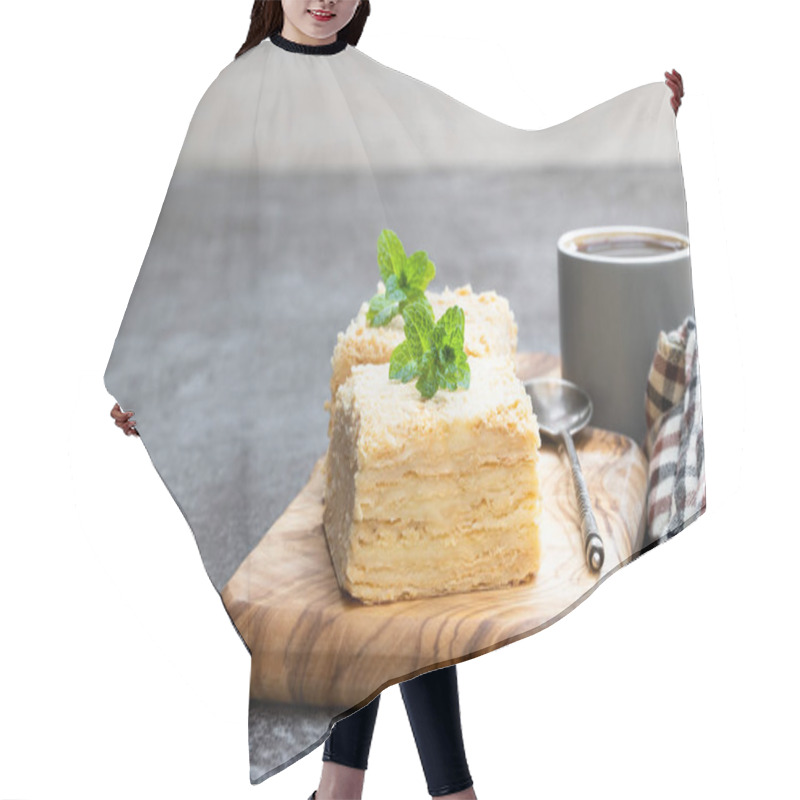 Personality  Napoleon  Cake Slices With Cup Of Coffee On Gray Table  Hair Cutting Cape