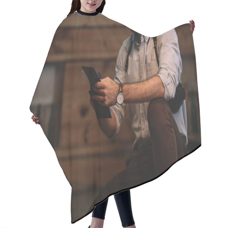 Personality  Cropped View Of Male Detective Making Notes  Hair Cutting Cape