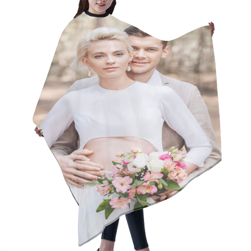 Personality  Smiling Married Couple With Wedding Bouquet Embracing In Forest Hair Cutting Cape