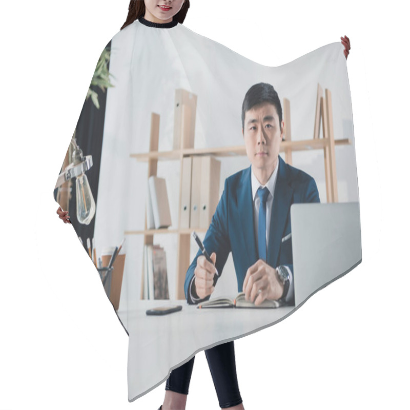 Personality  Serious Asian Businessman Hair Cutting Cape