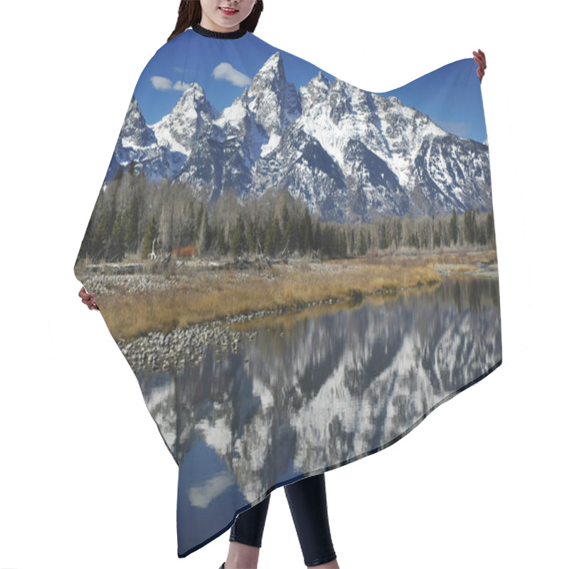 Personality  Reflection Of Teton Mountain Range Wyoming In River Lake Or Pond Water Hair Cutting Cape