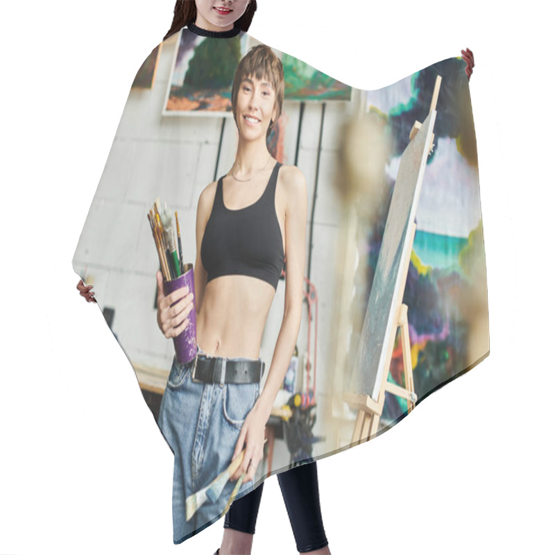 Personality  A Woman In A Black Top Holding A Paintbrush. Hair Cutting Cape