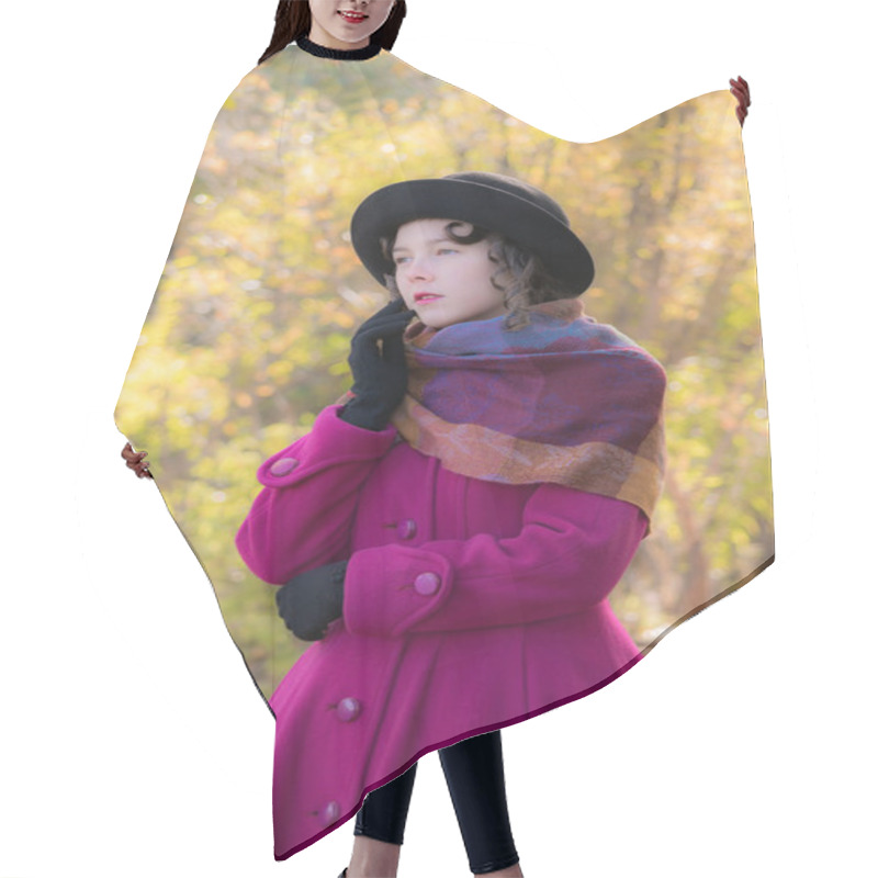 Personality  Portrait Girl In A Bright Crimson Coat In Sunny Autumn Day Outdoors. Hair Cutting Cape