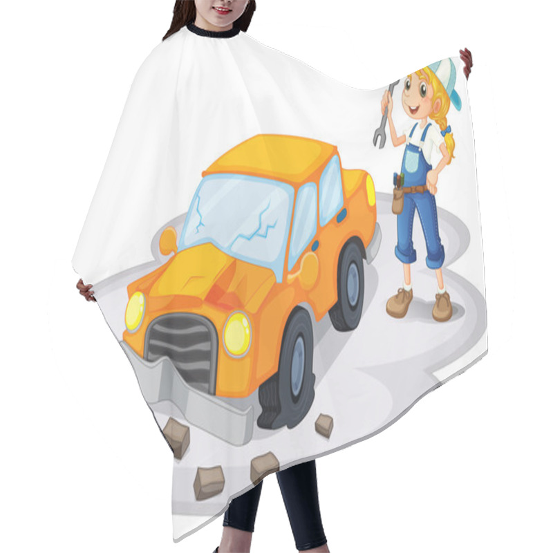 Personality  A Girl Fixing A Broken Car Hair Cutting Cape