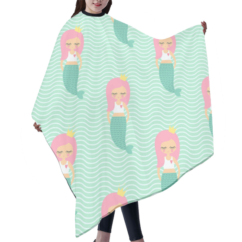 Personality  Cute Pink Hair Mermaid Girl Seamless Pattern On Mint Green Waves Background. Hair Cutting Cape