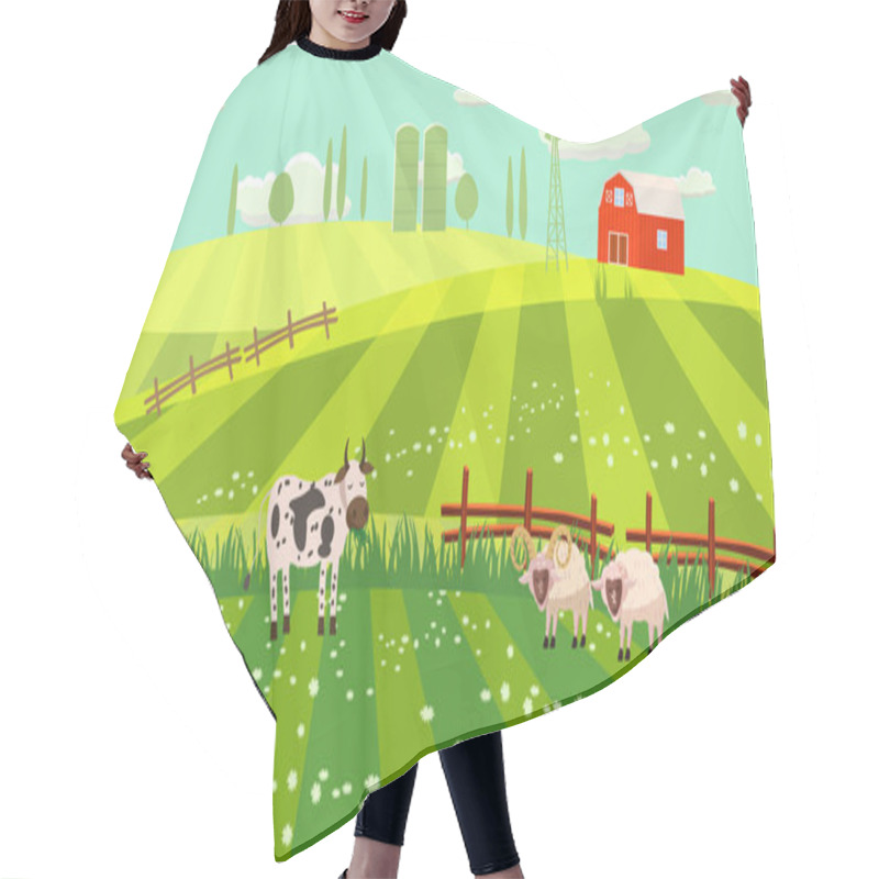 Personality  Rural Countryside Landscape, Farmhouse, Spring, Summer, Green Meadows, Fields, Wildflowers, Cow, Bull, Sheep, Ram, Hills, Trees On The Horizon, Fence, Vector, Illustration, Isolated, Cartoon Style Hair Cutting Cape