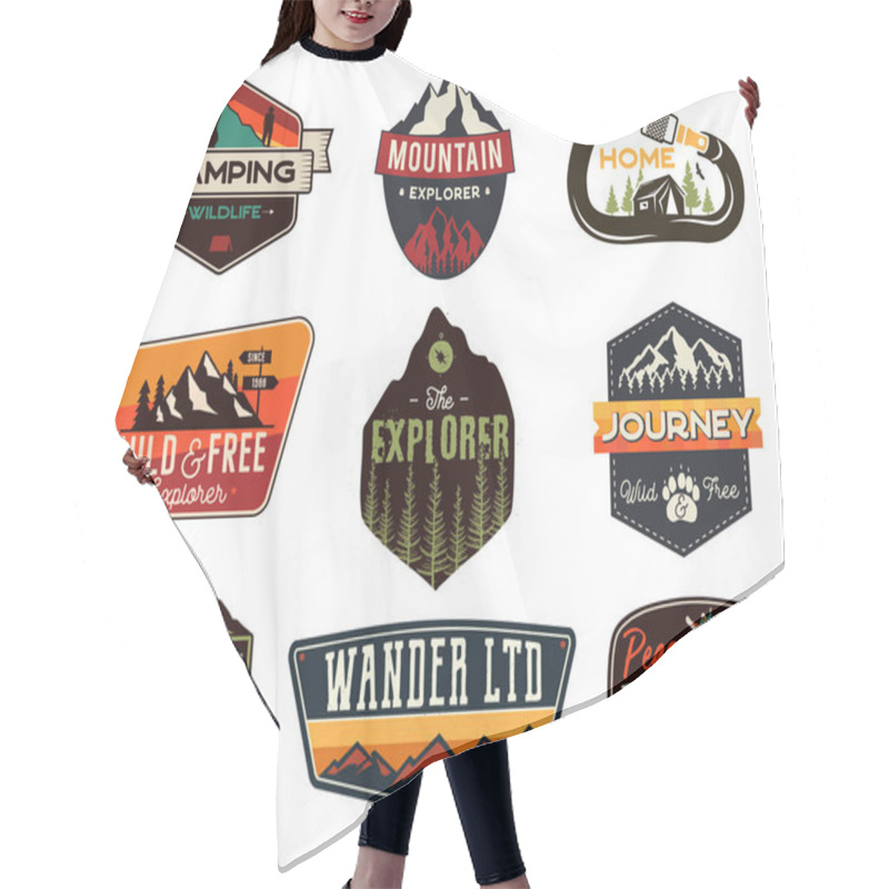 Personality  Vintage Outdoors Logos Set. Hand Drawn Mountain Travel Badges, Wildlife Emblems. Camping Labels Concepts. Explorer Illustrations. Stock Vector Patches Isolated On White Background Hair Cutting Cape