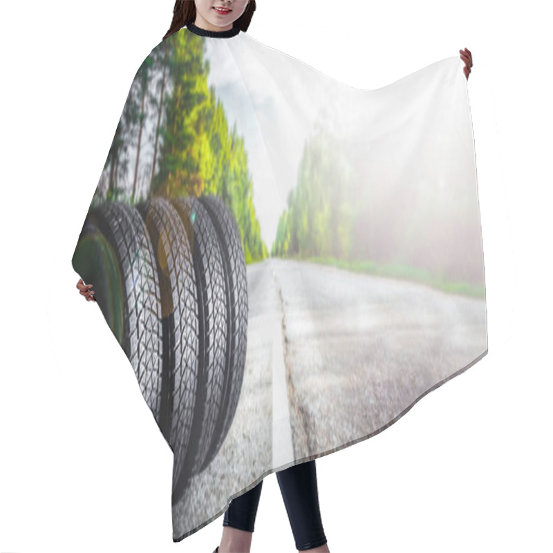 Personality  All Car Tire On Summer Forest Road With Blur Trees In Background. Change For Winter Tire.Wider Banner Hair Cutting Cape