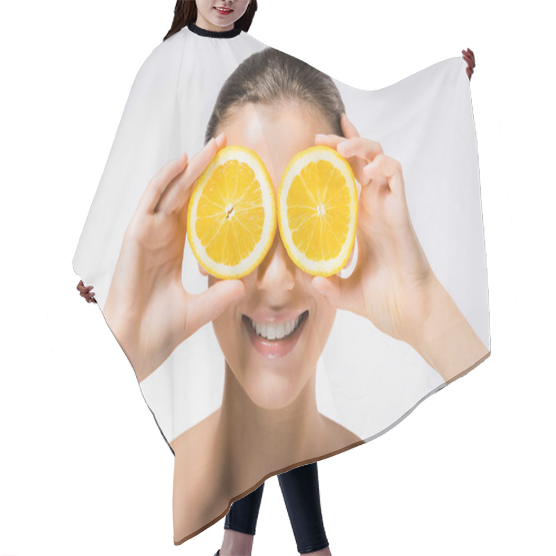 Personality  Young Smiling Woman With Orange Slices On Eyes Hair Cutting Cape