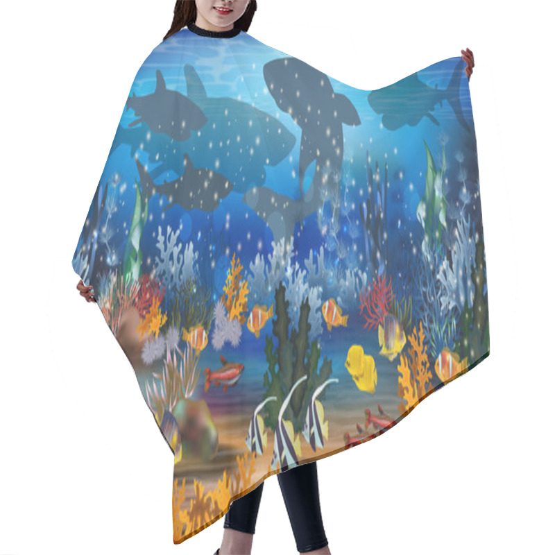 Personality  Amazing Underwater Wallpaper With Fish, Algae And Sharks, Vector Illustration Hair Cutting Cape