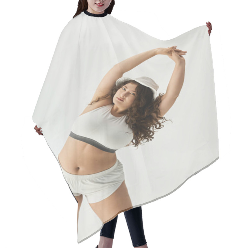 Personality  Confident Plus Size Woman Stretches Gracefully, Embracing Her Beauty In Fashionable Lingerie. Hair Cutting Cape