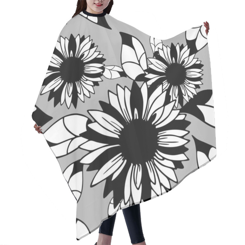 Personality  Seamless Background Of Large Black And White Inflorescences On A Gray Background, Texture, Design Hair Cutting Cape