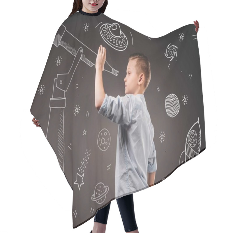 Personality  Preteen Boy Pretending To Be A Astronomer With Drawn Telescope And UFO, Planets, Spaceship And Stars Icons Hair Cutting Cape