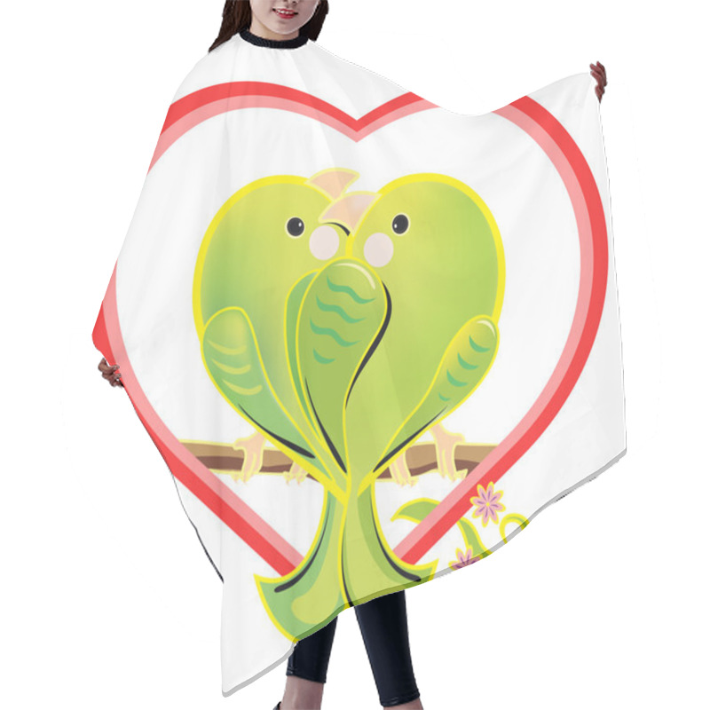 Personality  Vector Illustration Of A Amorous Green Parrots. The Romantic Cartoon Love Birds Sitting On A Branch. Bright Enamored Birds Couple In A Heart Shape On White Background. Hair Cutting Cape