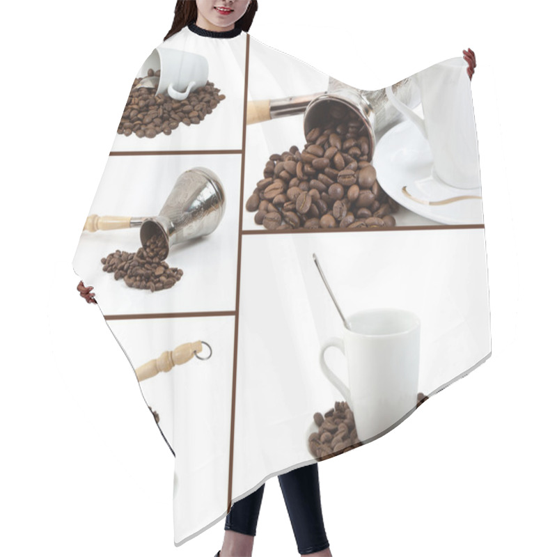 Personality  Collage Coffee Make, Coffee Grains, Cup Of Coffee On White Backg Hair Cutting Cape