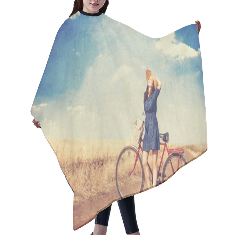 Personality  Brunette Girl  With Bycicle On Countryside Road. Hair Cutting Cape