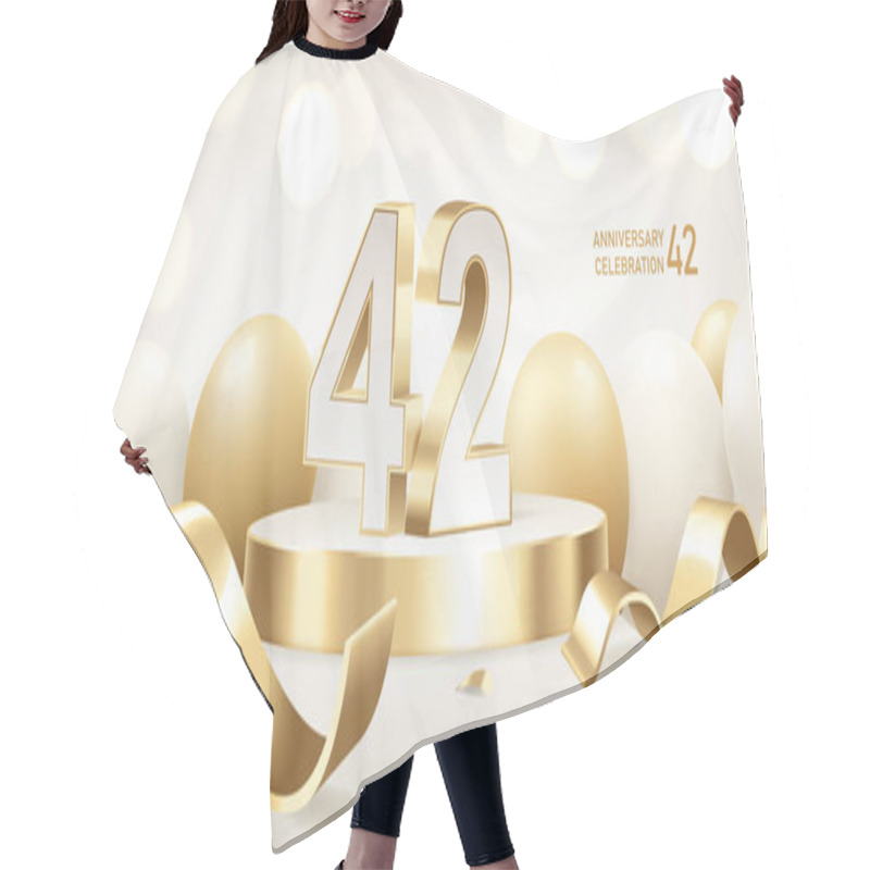 Personality  42nd Anniversary Celebration Background. Golden 3D Numbers On Round Podium With Golden Ribbons And Balloons With Bokeh Lights In Background. Hair Cutting Cape